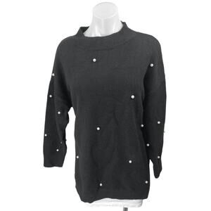 Fore Women's Black Long Sleeve Pearl Beaded Knit Mock Neck Sweater Tunic Top S